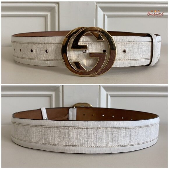 Authentic GUCCI White GG Plus Coated Canvas Leather Interlocking G Belt 80/32 - Picture 5 of 13